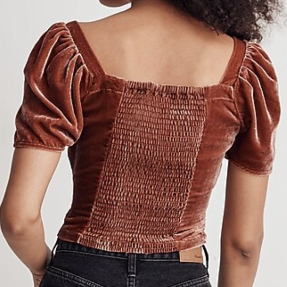 Madewell Hopewell Puff-Sleeve Crop Top in Silk-Blend Velvet - NWOT